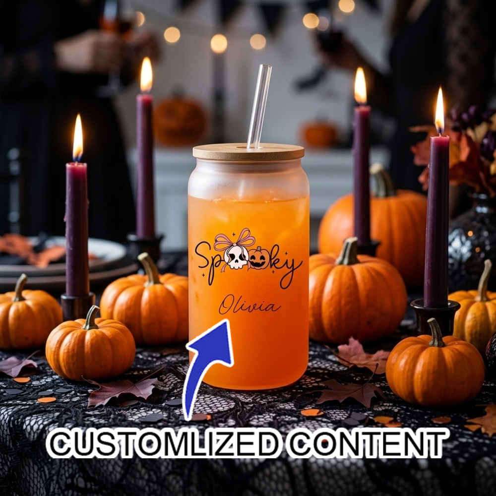 Reusable Straw - カスタム名入れ スポーキーハロウィン グラスカップ 竹製蓋とストロー付き、クリア＆フロスト2種類のスタイル、再利用可能なアイスコーヒー用ドリンクカップ