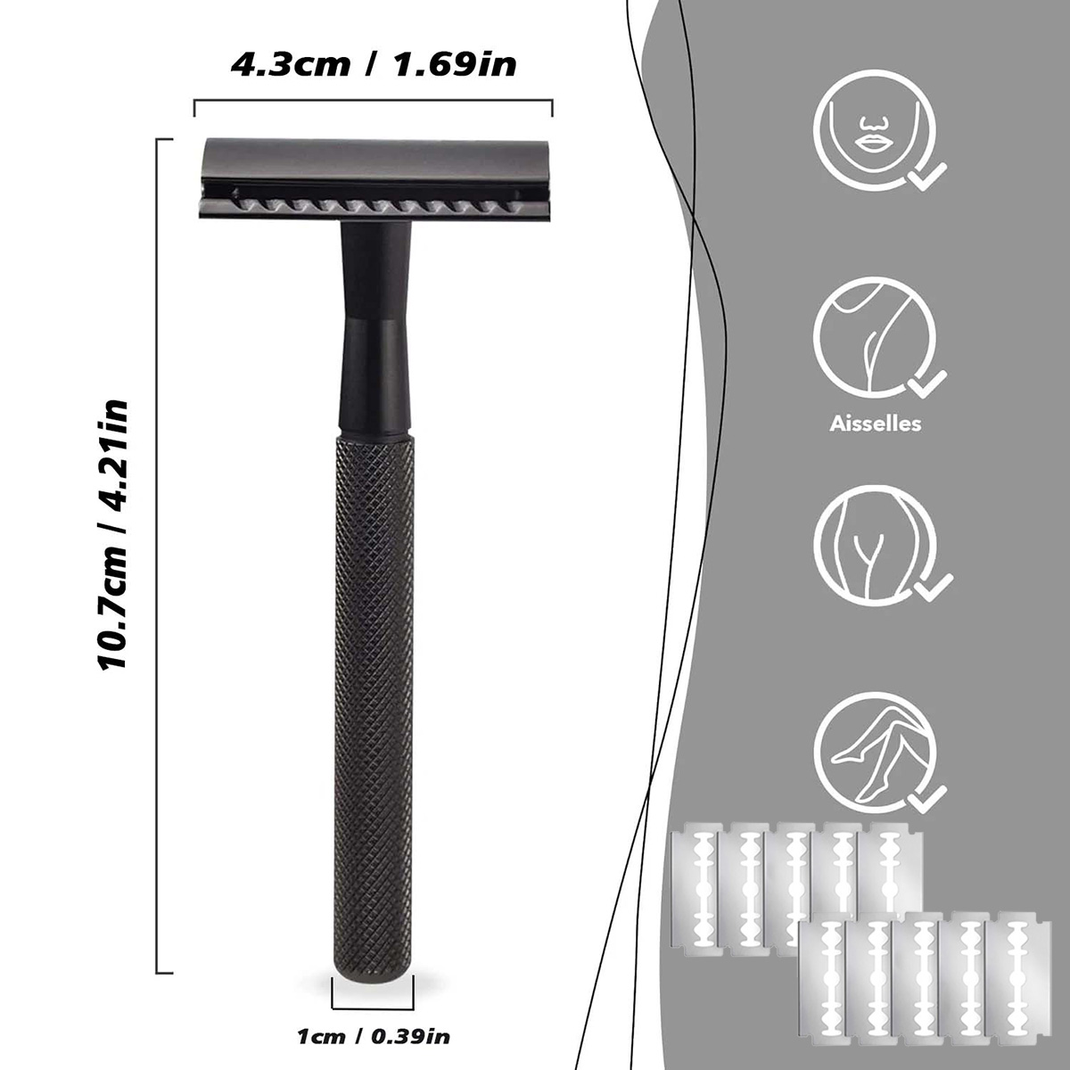 Safety Razor Handle - 男性用、重り付きの安全カミソリ。10枚の交換用両刃カミソリ刃付き。
