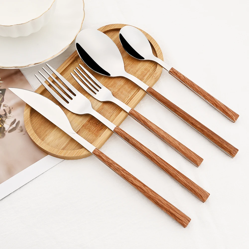 Bamboo Cutlery - ステンレス鋼の模造木製ハンドルカトラリーセット、食器クランプ食器、ナイフ、フォーク、ティースプーン、16個、24個、30個
