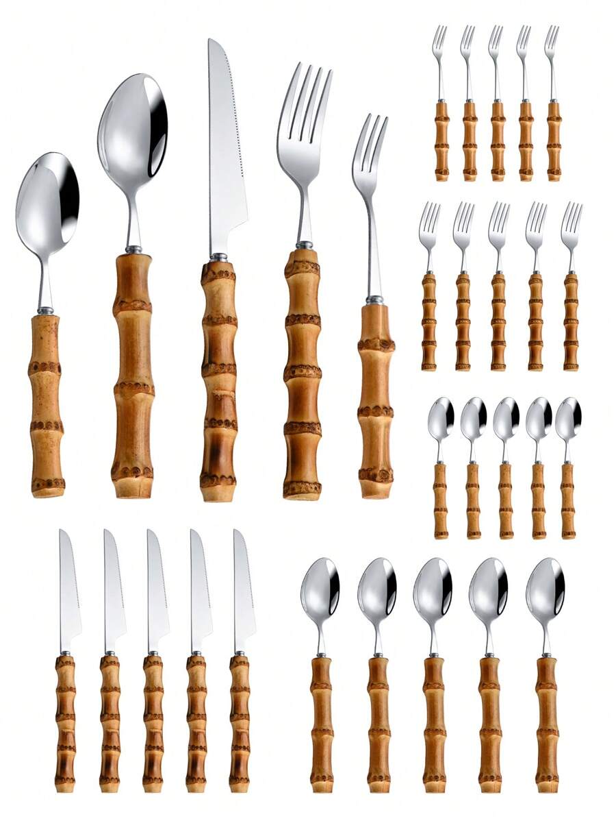 Bamboo Cutlery - 竹製ハンドルの30ピースステンレスカトラリーセット、天然竹ハンドル