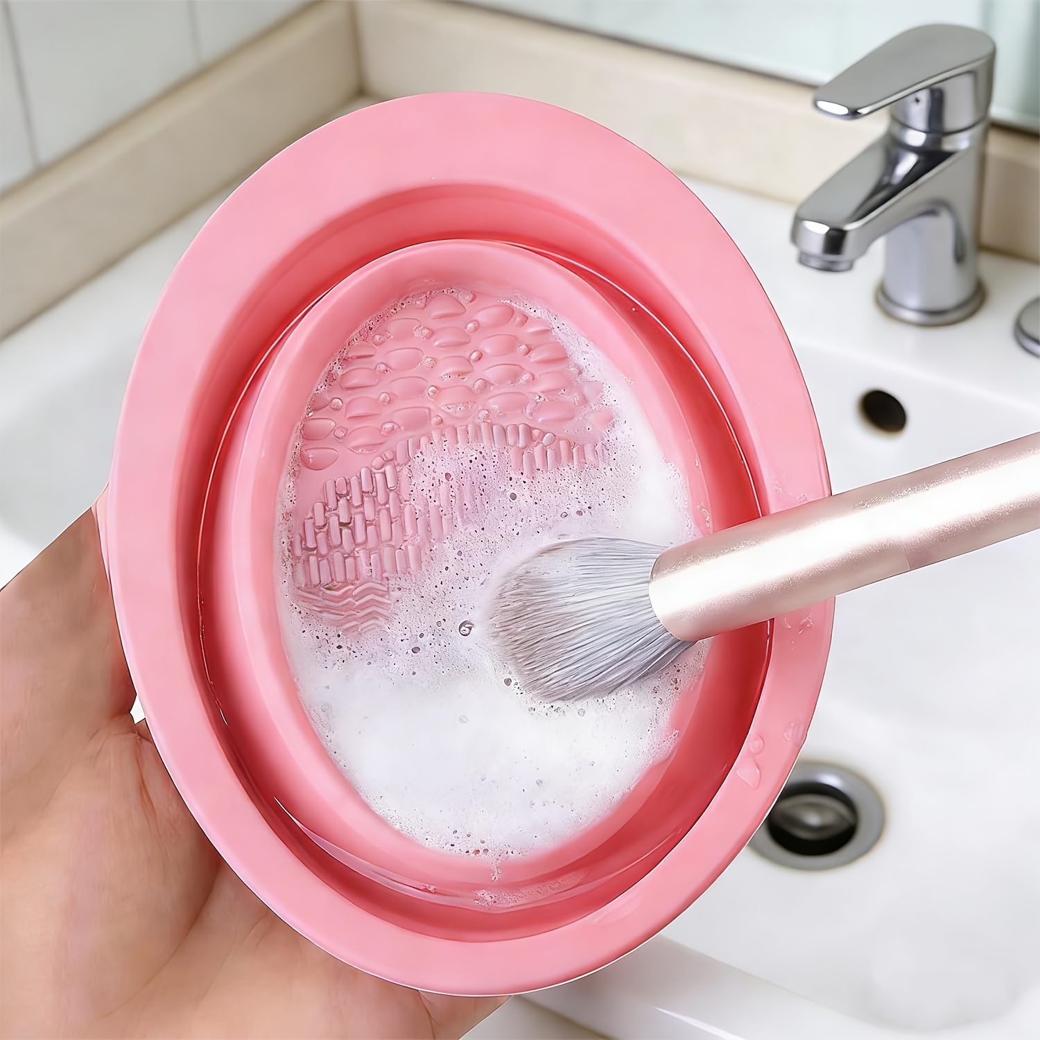 Eco Sponge - 折りたたみ式シリコン製メイクブラシクリーナーボウル、ブラシ・パフ・スポンジ用テクスチャードスクラバー、旅行用洗浄ツール、コンパクト