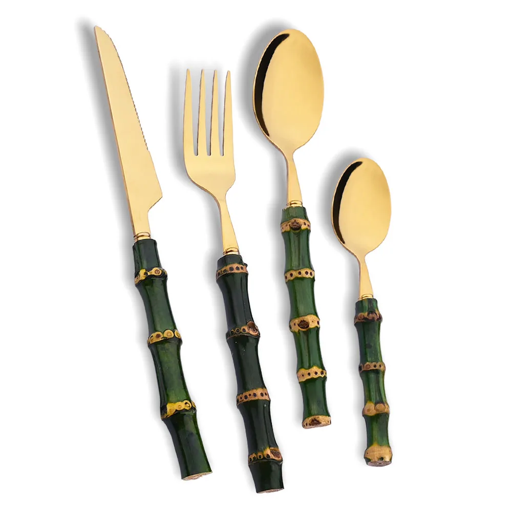 Bamboo Cutlery - 4 個天然竹ハンドル食器セットグリーンハンドルステンレス鋼カトラリーセットナイフフォークスプーンキッチン食器食器