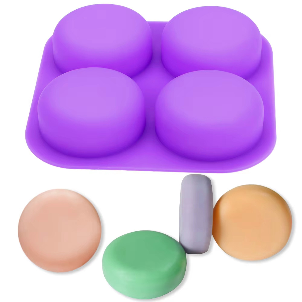 Eco Soap - 1-2個入り 4つの空洞を持つ再利用可能な丸型シリコン石鹸型トレイ DIY手作りクラフト用型 石鹸作りやケーキデコレーションツール用