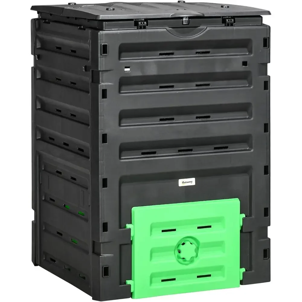 Compost Bin - 80個の通気孔と2つのスライドドアを備えた、120ガロンの大容量ガーデンコンポストボックス。BPA不使用で、肥沃な土壌の作成に最適。色は黒。