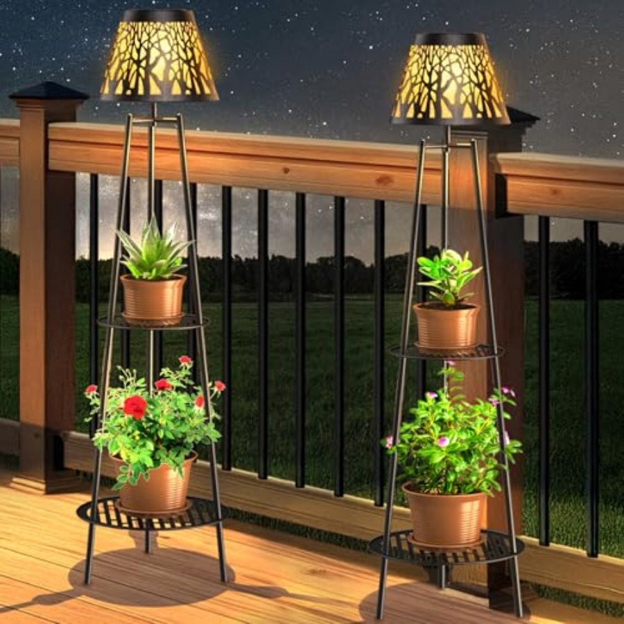 Solar Garden Light - 2パック屋外ソーラーフロアランプ、植物スタンド付き、防水メタルガーデンライト、2段棚付き、装飾LEDコードレスパット