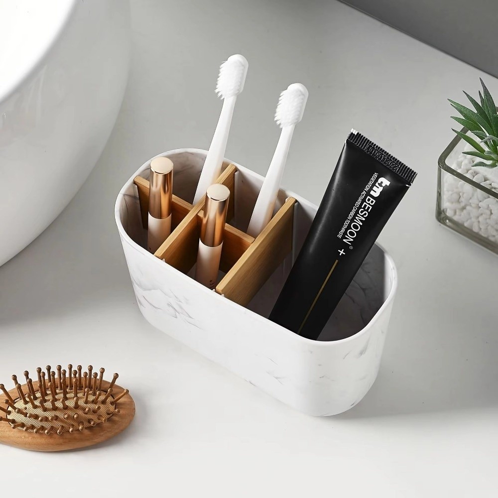 Bamboo Toothbrush - 多スロット歯ブラシホルダー プラスチック歯磨き粉収納 竹製歯ブラシホルダー 化粧品収納 浴室カウンターオーガナイザー
