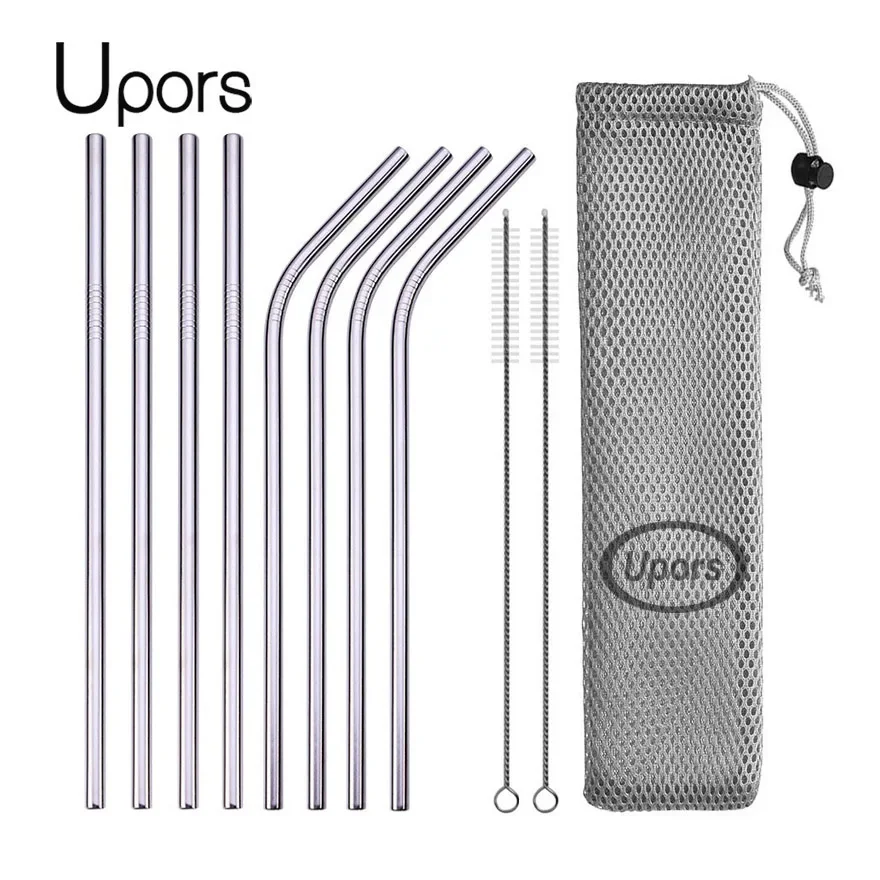 Reusable Straw - UPORS 再利用可能なストロー 304 ステンレス鋼ストローストレート曲げ金属ストロークリーナーブラシポーチ卸売