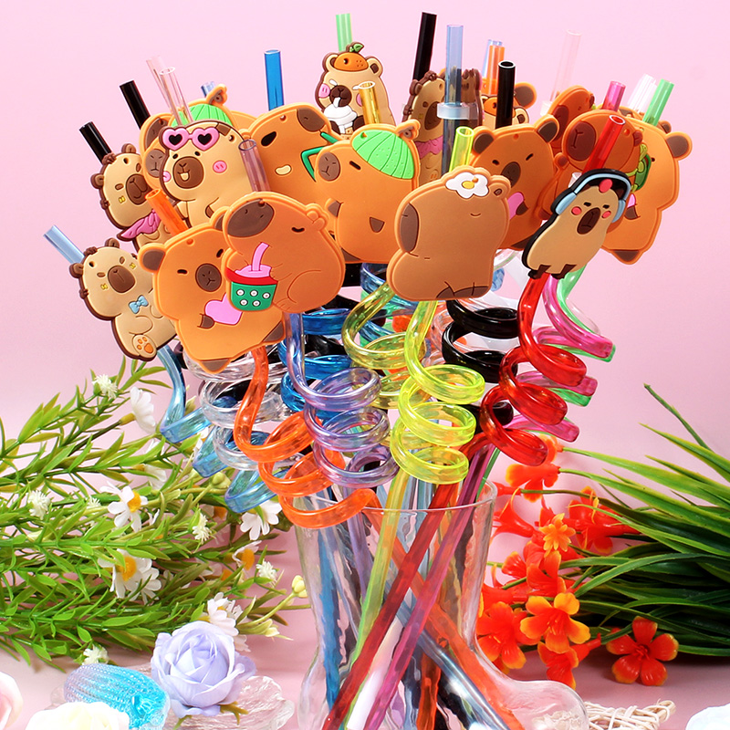 Reusable Straw - 12個の漫画カピバラ再利用可能なスパイラルストロー、装飾用パピルストカゲテーマストロー、パーティー、誕生日用ドリンクパーティー用