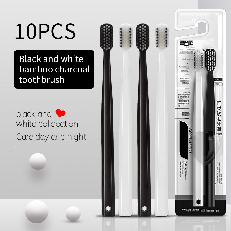 10個竹炭ブラシシルクソフト毛歯ブラシ,黒と白の男性と女性の - Bamboo Toothbrush のレビューと価格