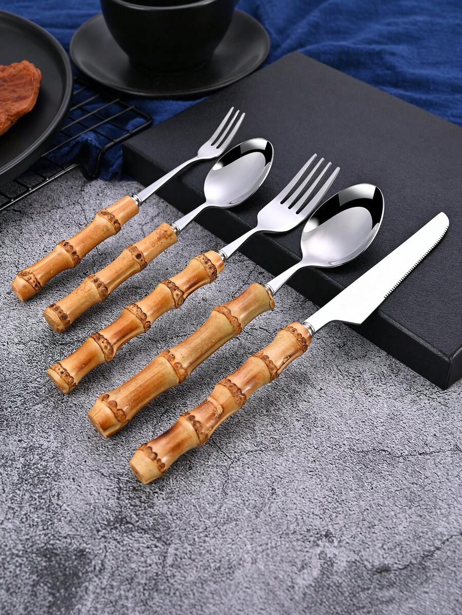 竹製ハンドルの30ピースステンレスカトラリーセット、天然竹ハ - Bamboo Cutlery のレビューと価格