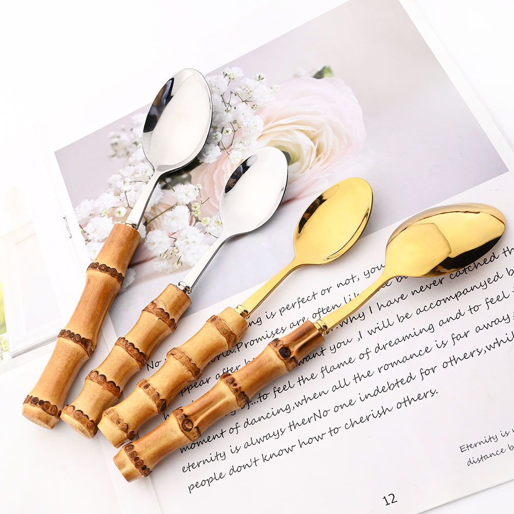 竹の柄が付いたステンレス製カトラリー,304個,食器,高級ナ - Bamboo Cutlery のレビューと価格