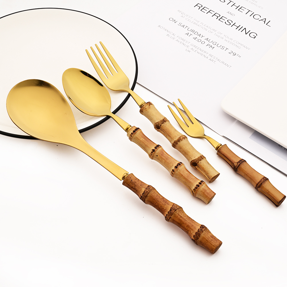 竹の柄が付いたステンレス製カトラリー,304個,食器,高級ナ - Bamboo Cutlery のレビューと価格