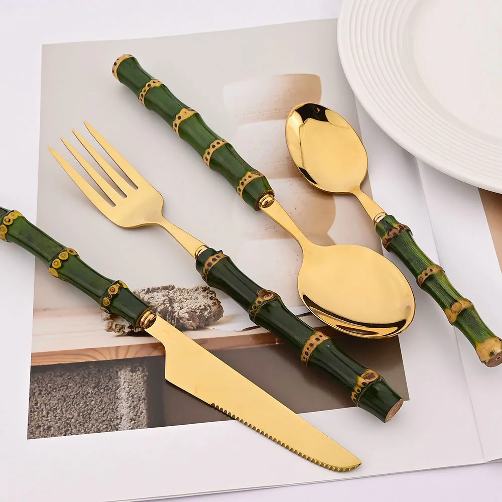 4 個天然竹ハンドル食器セットグリーンハンドルステンレス鋼カ - Bamboo Cutlery のレビューと価格