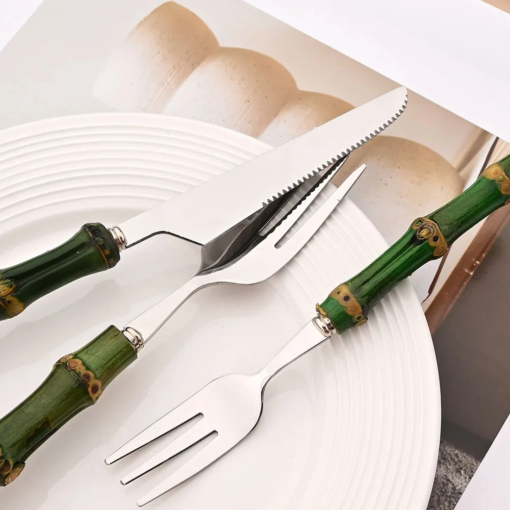 4 個天然竹ハンドル食器セットグリーンハンドルステンレス鋼カ - Bamboo Cutlery のレビューと価格