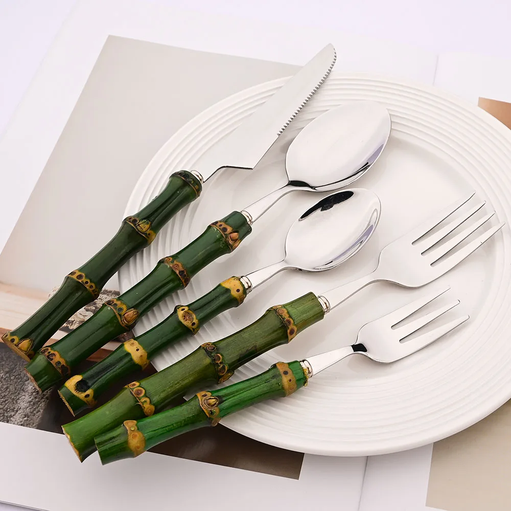 4 個天然竹ハンドル食器セットグリーンハンドルステンレス鋼カ - Bamboo Cutlery のレビューと価格