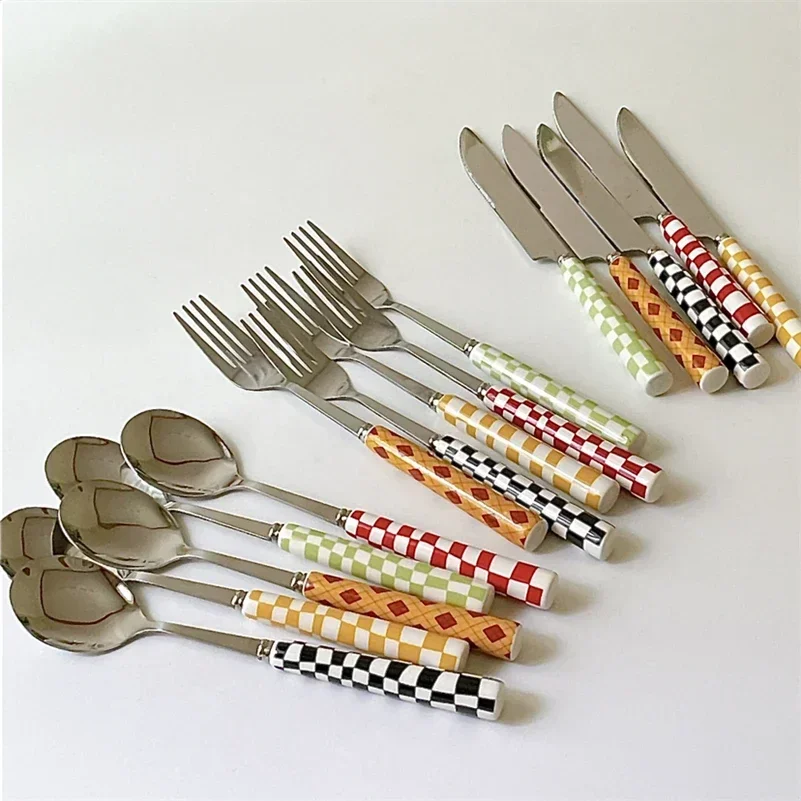 3 ピース/セットステンレス鋼ナイフフォークスプーン市松模様 - Bamboo Cutlery のレビューと価格