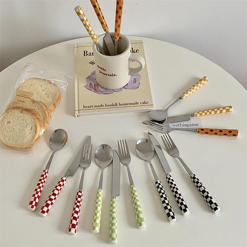 3 ピース/セットステンレス鋼ナイフフォークスプーン市松模様 - Bamboo Cutlery のレビューと価格