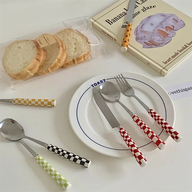 3 ピース/セットステンレス鋼ナイフフォークスプーン市松模様 - Bamboo Cutlery のレビューと価格