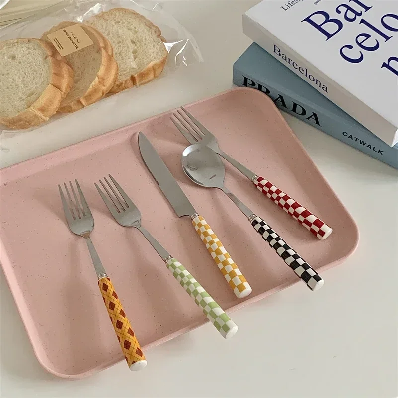 3 ピース/セットステンレス鋼ナイフフォークスプーン市松模様 - Bamboo Cutlery のレビューと価格