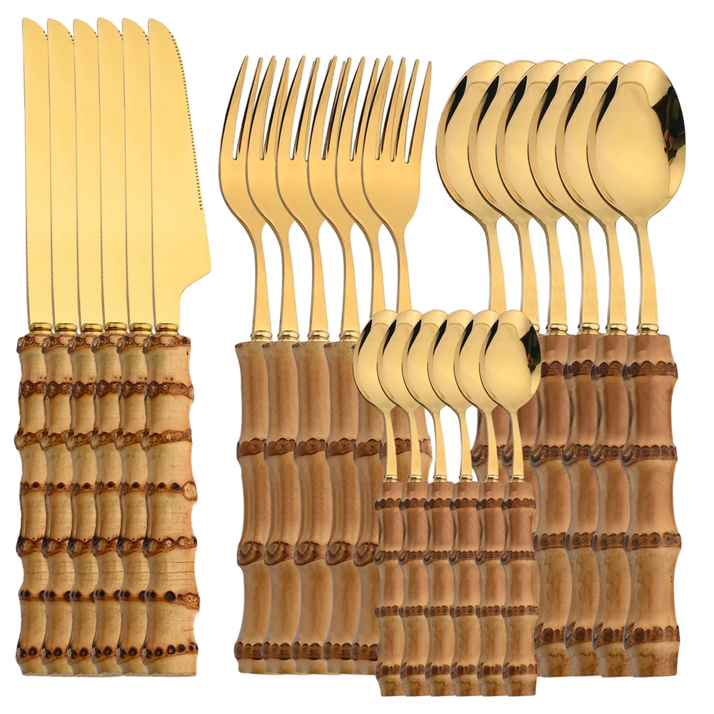 24 個ステンレス鋼食器天然竹ハンドル食器ヴィンテージサラダ - Bamboo Cutlery のレビューと価格