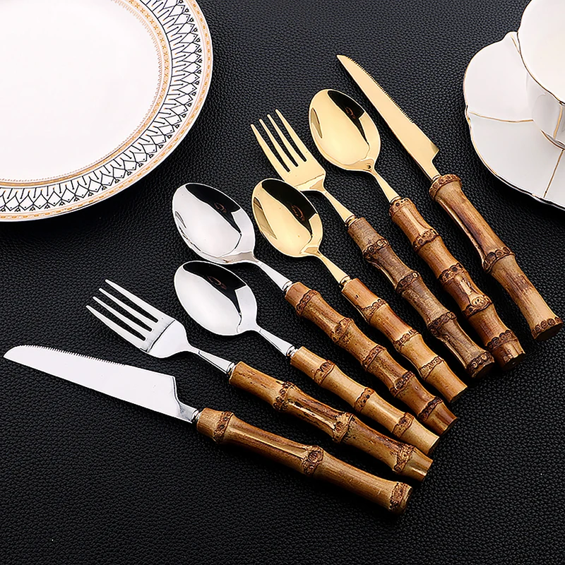 24 個ステンレス鋼食器天然竹ハンドル食器ヴィンテージサラダ - Bamboo Cutlery のレビューと価格