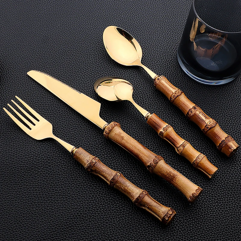 24 個ステンレス鋼食器天然竹ハンドル食器ヴィンテージサラダ - Bamboo Cutlery のレビューと価格