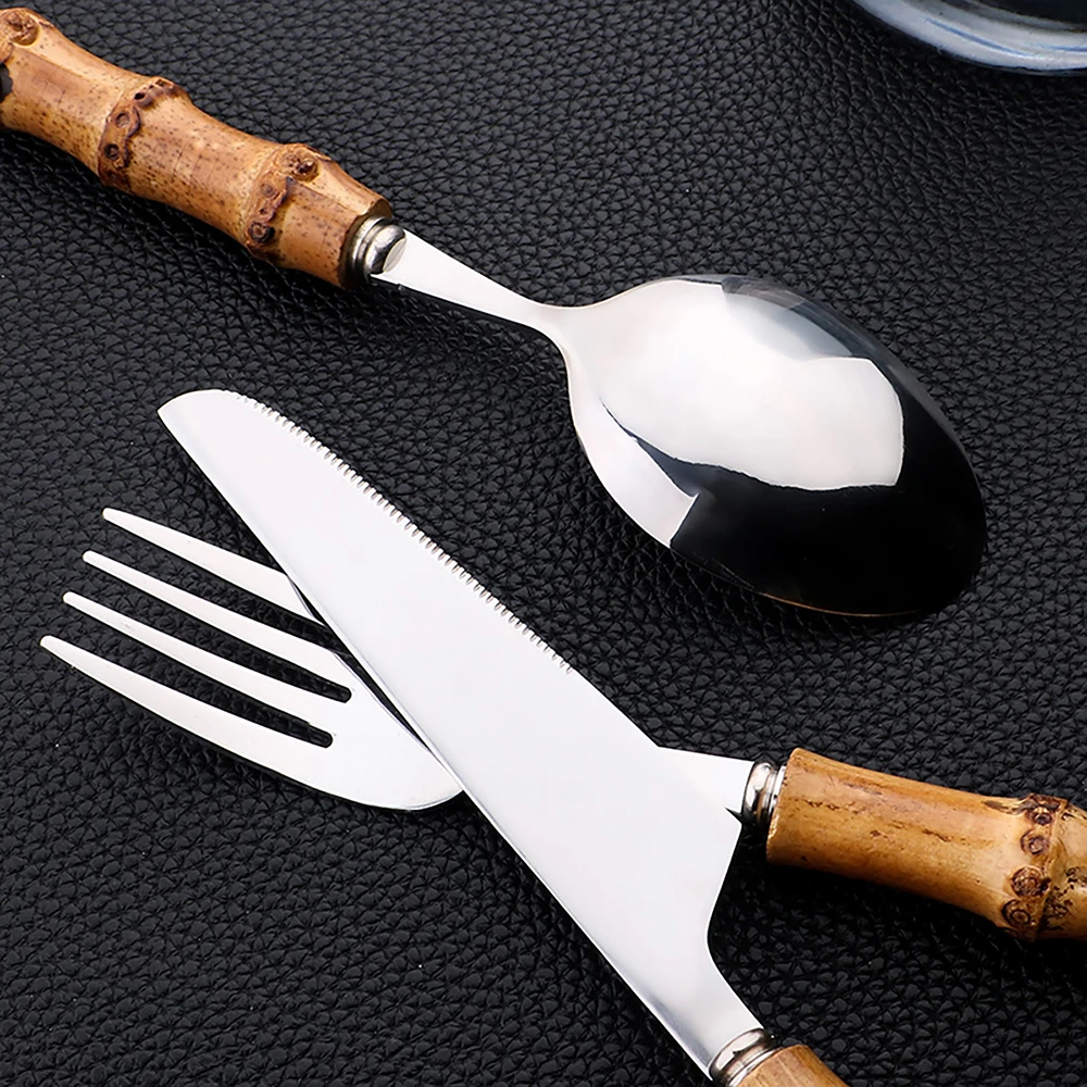 24 個ステンレス鋼食器天然竹ハンドル食器ヴィンテージサラダ - Bamboo Cutlery のレビューと価格