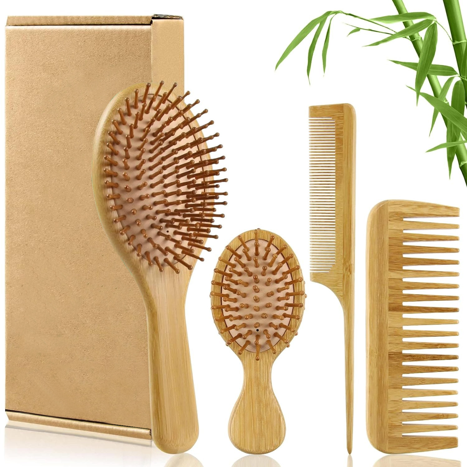 竹製ヘアブラシ＆コームセット（男女兼用）、木製ワイドトゥース - Bamboo Toothbrush のレビューと価格